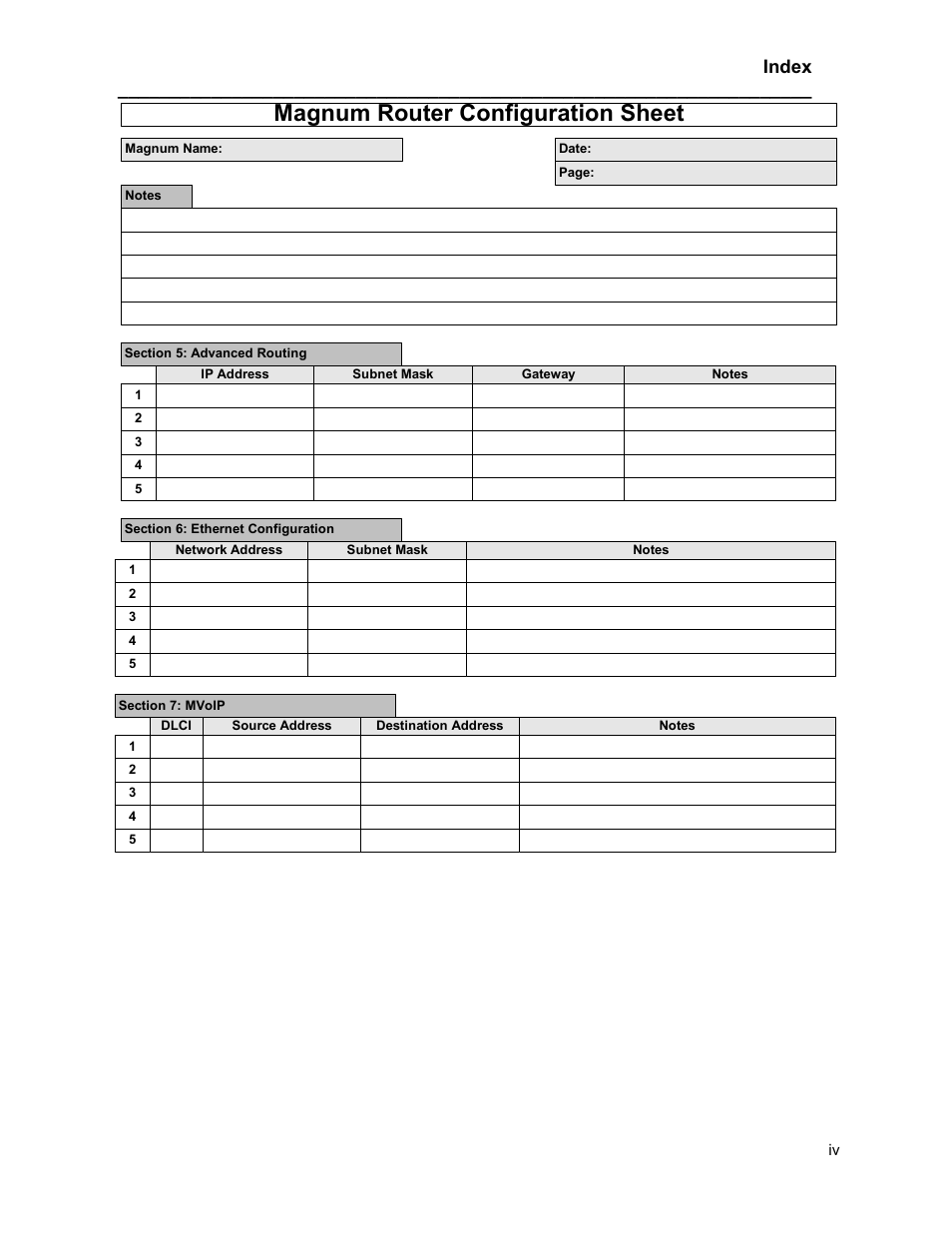 Magnum router configuration sheet, Index | Marathon MAGNUM ROUTER User Manual | Page 166 / 167