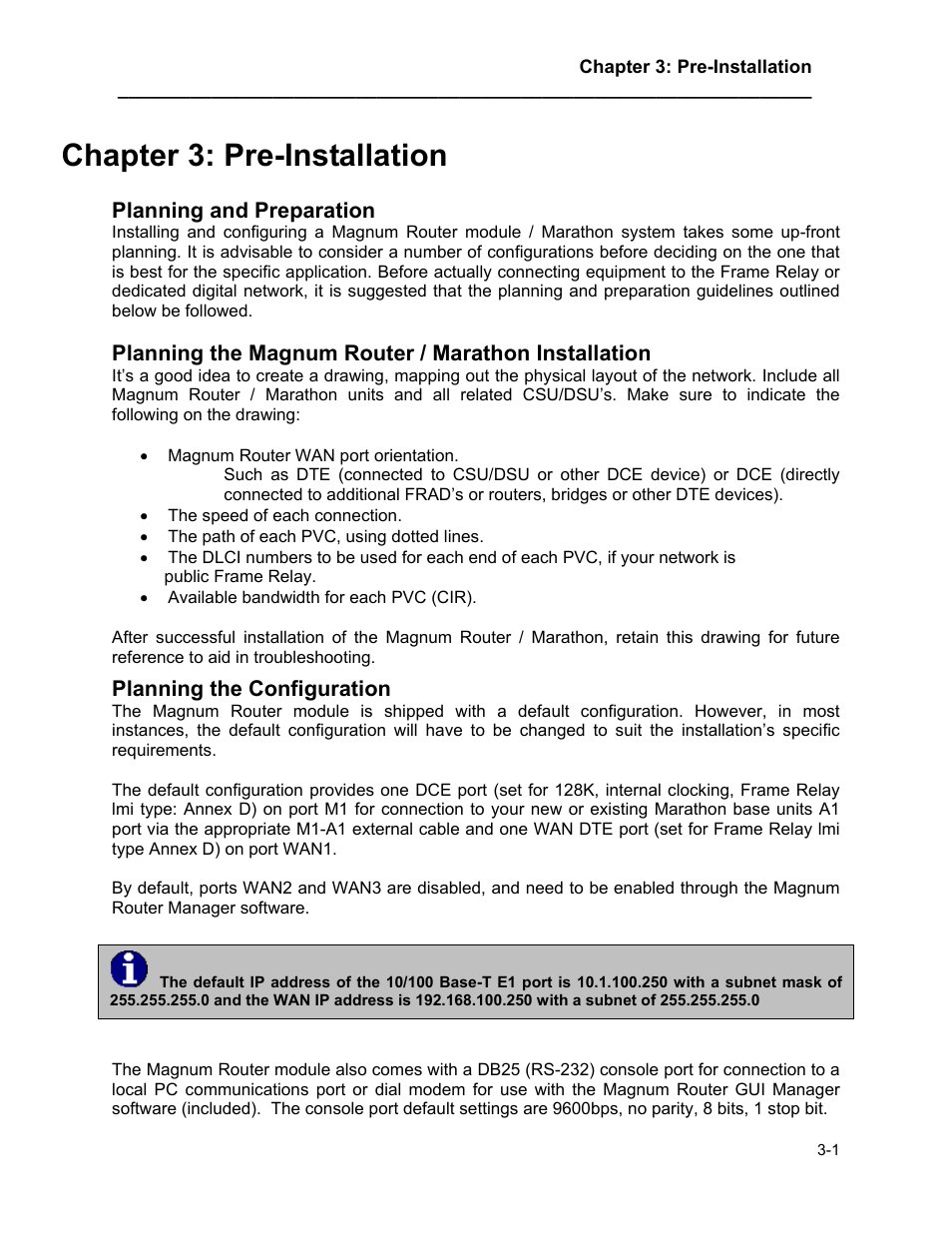 Pre-installation, Planning and preparation, Chapter 3: pre-installation -1 | Planning and preparation -1, Chapter 3: pre-installation | Marathon MAGNUM ROUTER User Manual | Page 18 / 167