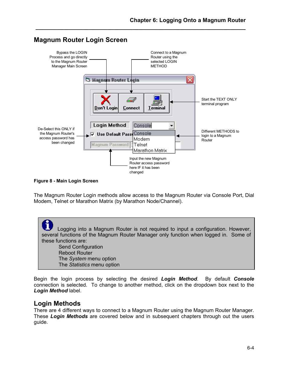 Magnum router login screen, Login methods, Magnum router login screen -4 | Login methods -4 | Marathon MAGNUM ROUTER User Manual | Page 31 / 167