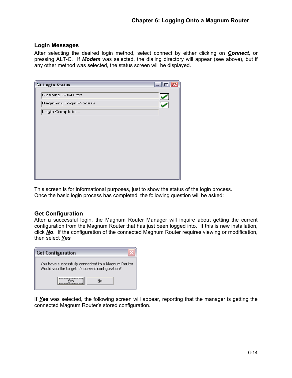 Login messages, Get configuration, Login messages -14 | Get configuration -14 | Marathon MAGNUM ROUTER User Manual | Page 41 / 167