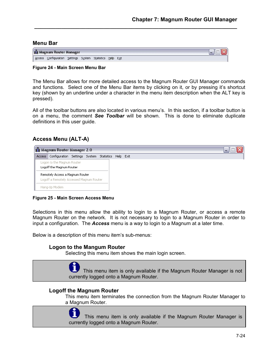 Menu bar, Access menu (alt-a), Menu bar -24 | Access menu (alt-a) -24 | Marathon MAGNUM ROUTER User Manual | Page 69 / 167