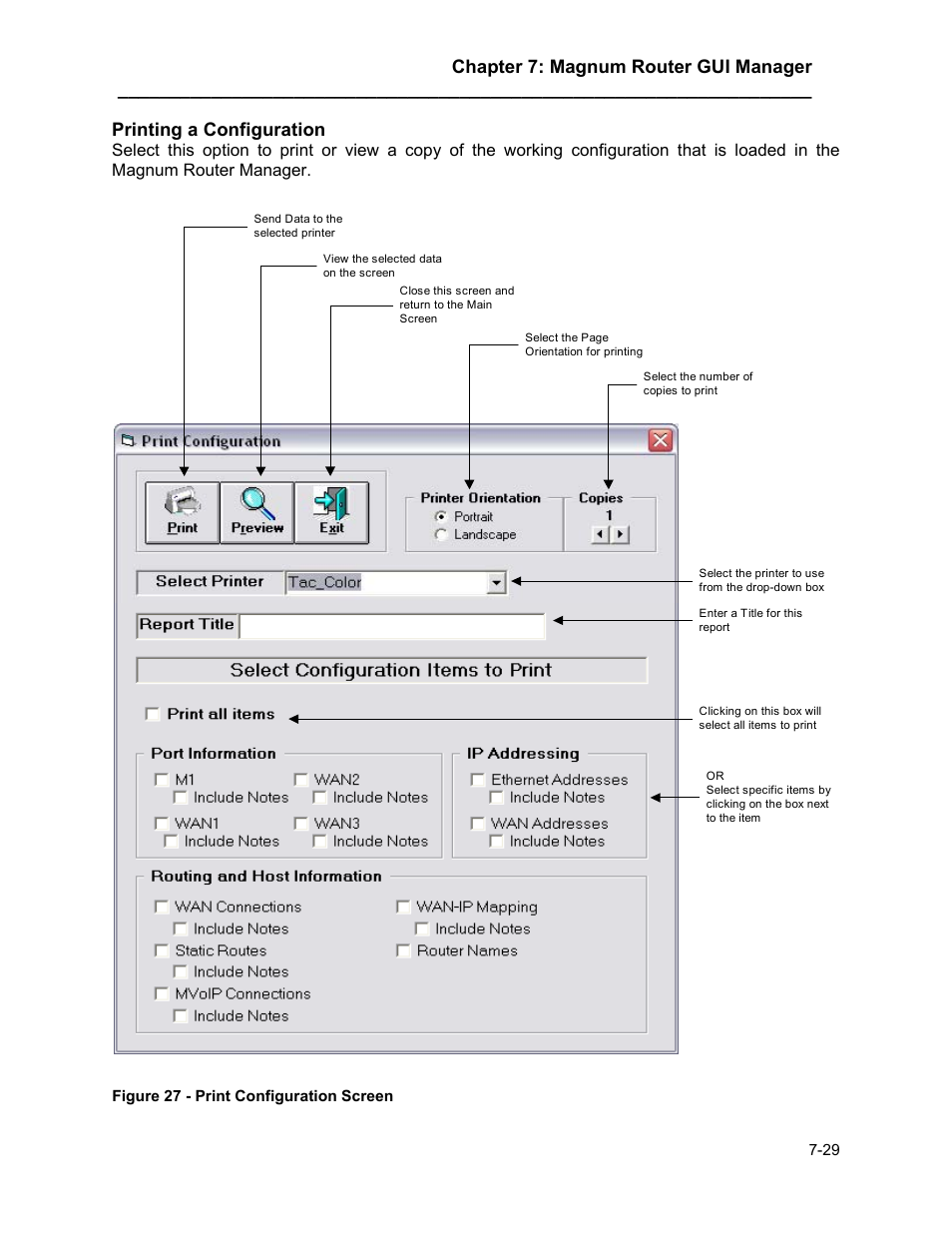 Chapter 7: magnum router gui manager, Printing a configuration | Marathon MAGNUM ROUTER User Manual | Page 74 / 167