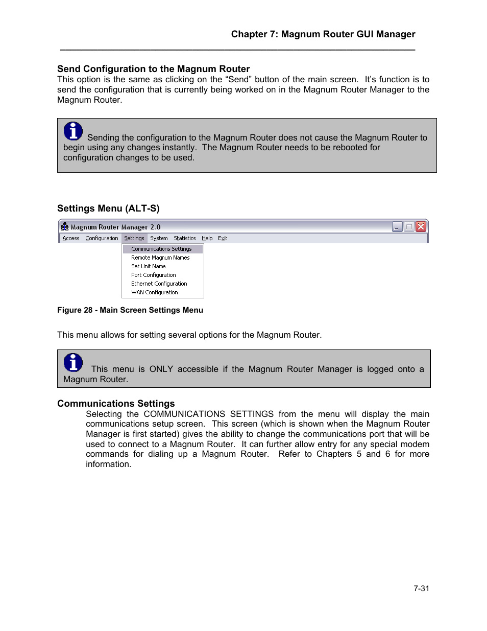 Settings menu (alt-s), Settings menu (alt-s) -31 | Marathon MAGNUM ROUTER User Manual | Page 76 / 167