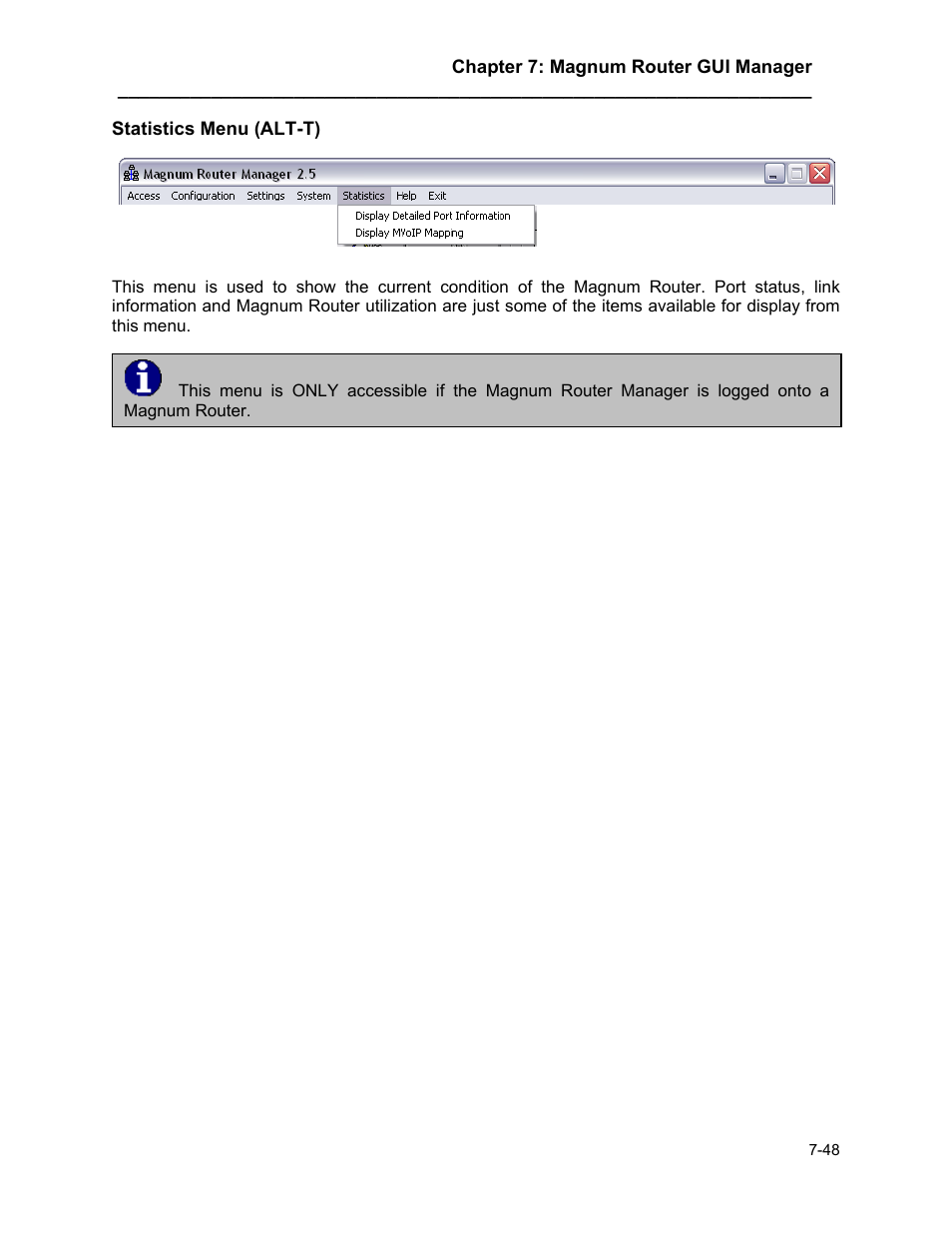 Statistics menu (alt-t), Statistics menu (alt-t) -48 | Marathon MAGNUM ROUTER User Manual | Page 93 / 167