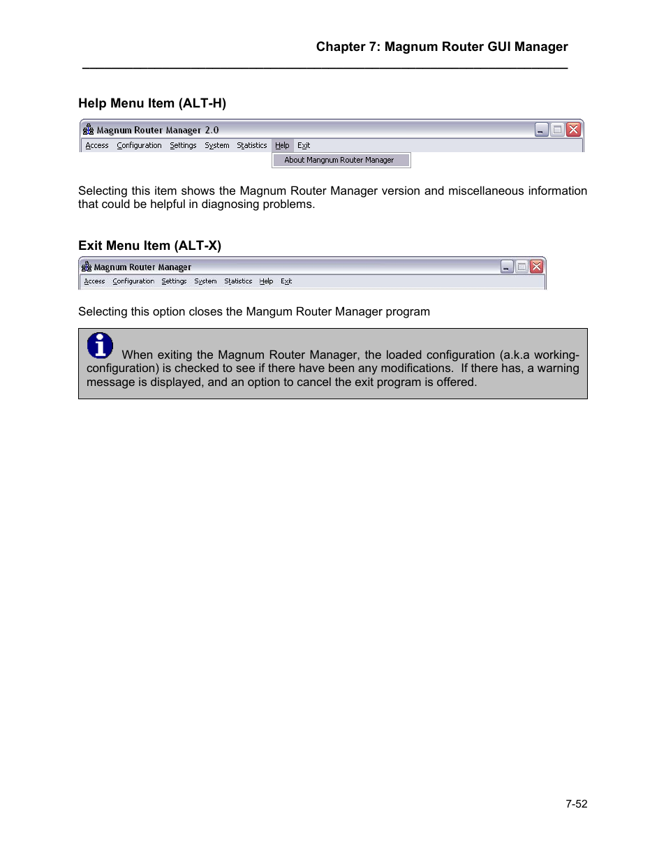 Help menu item (alt-h), Exit menu item (alt-x), Help menu item (alt-h) -52 | Exit menu item (alt-x) -52 | Marathon MAGNUM ROUTER User Manual | Page 97 / 167