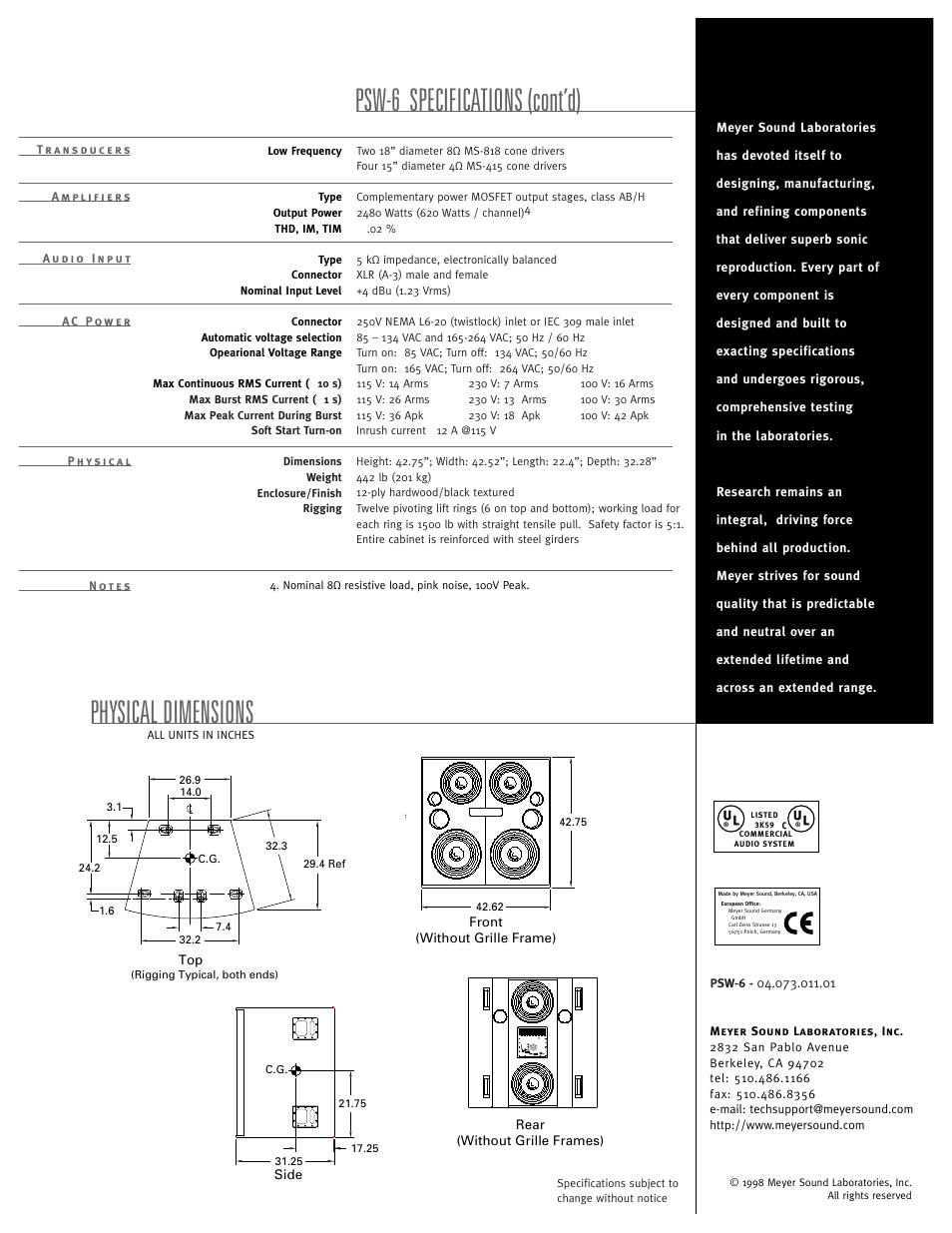 Physical dimensions psw-6 specifications (cont’d) | Meyer Sound PSW-6 User Manual | Page 4 / 4