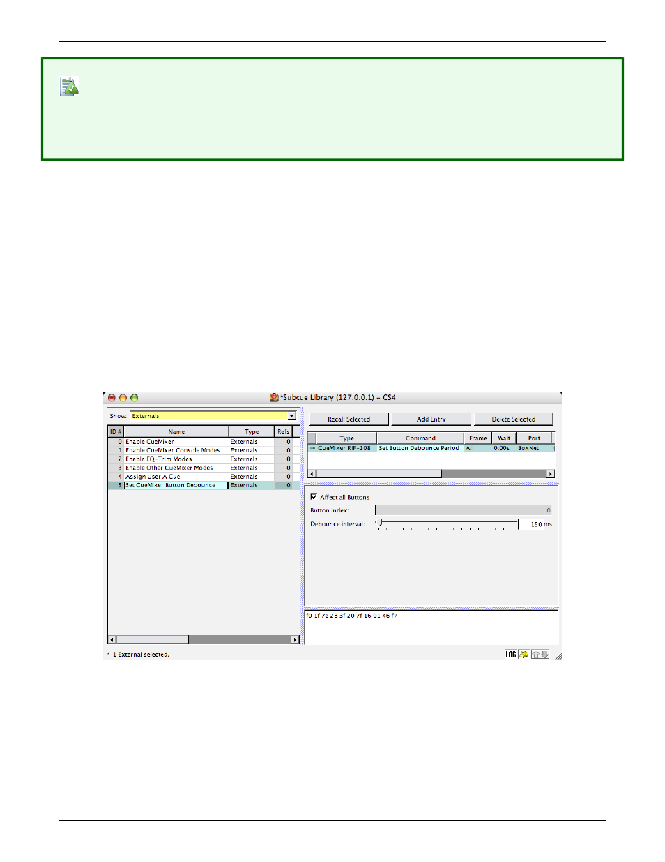 Enable cue 0 cuemixer, Button overlay, Set mode | Button debounce | Meyer Sound CueMixer Matrix3 User Manual | Page 18 / 32