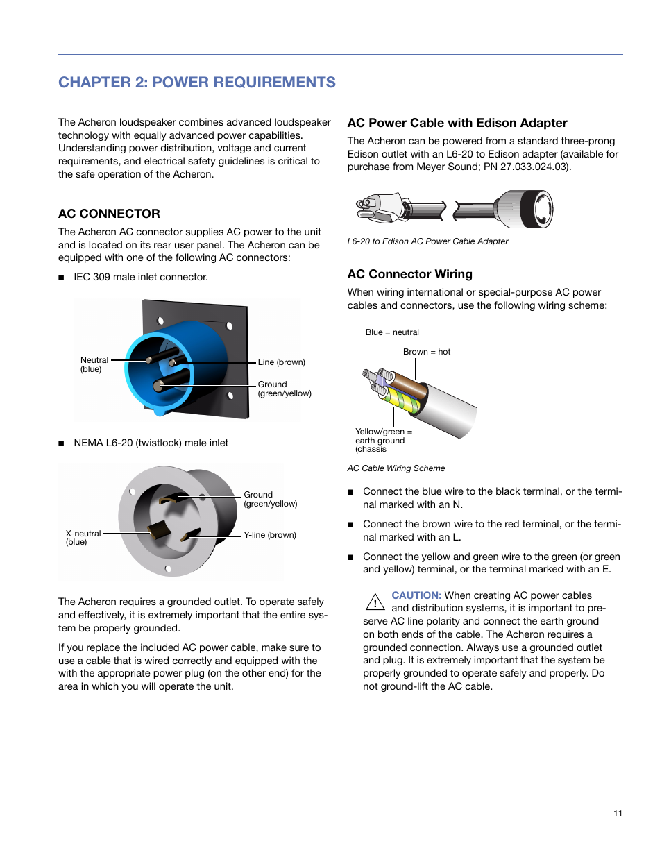 Chapter 2: power requirements, Ac connector, Ac power cable with edison adapter | Ac connector wiring | Meyer Sound 80 User Manual | Page 11 / 44
