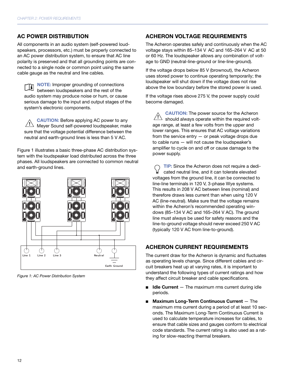 Ac power distribution, Acheron voltage requirements, Acheron current requirements | Meyer Sound 80 User Manual | Page 12 / 44