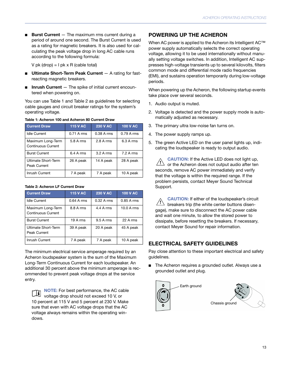 Powering up the acheron, Electrical safety guidelines | Meyer Sound 80 User Manual | Page 13 / 44