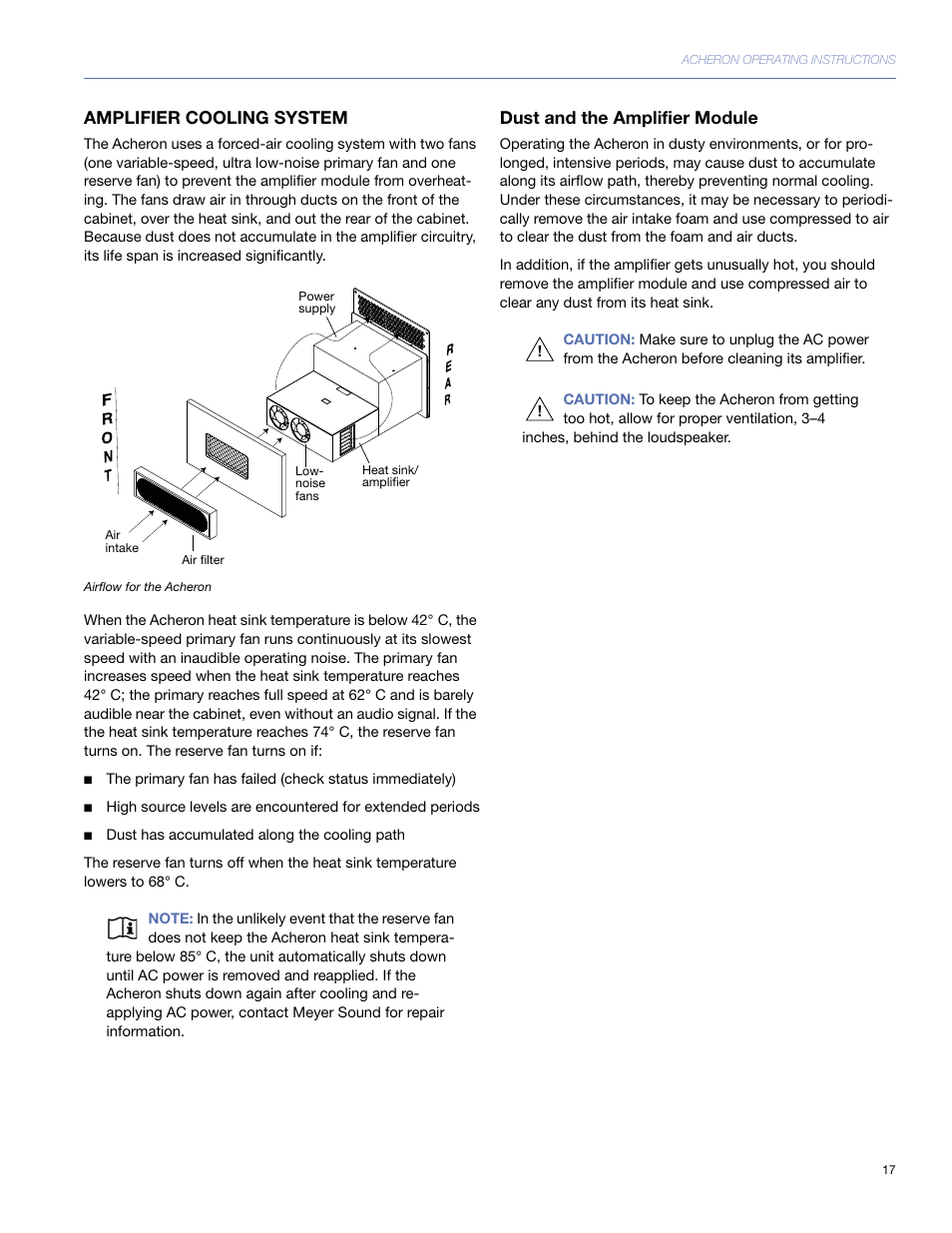 Amplifier cooling system, Dust and the amplifier module | Meyer Sound 80 User Manual | Page 17 / 44