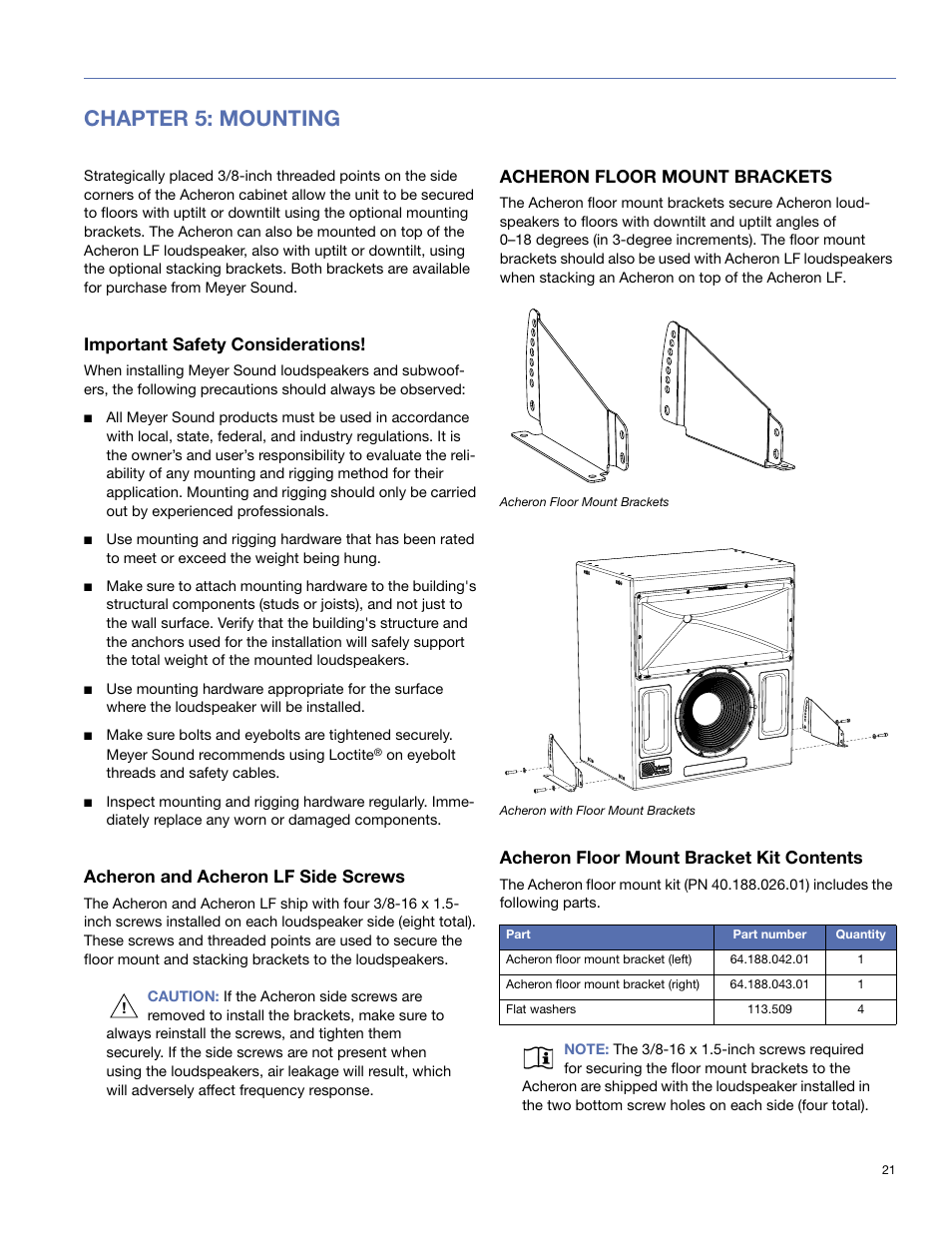 Chapter 5: mounting, Important safety considerations, Acheron and acheron lf side screws | Acheron floor mount brackets, Acheron floor mount bracket kit contents | Meyer Sound 80 User Manual | Page 21 / 44