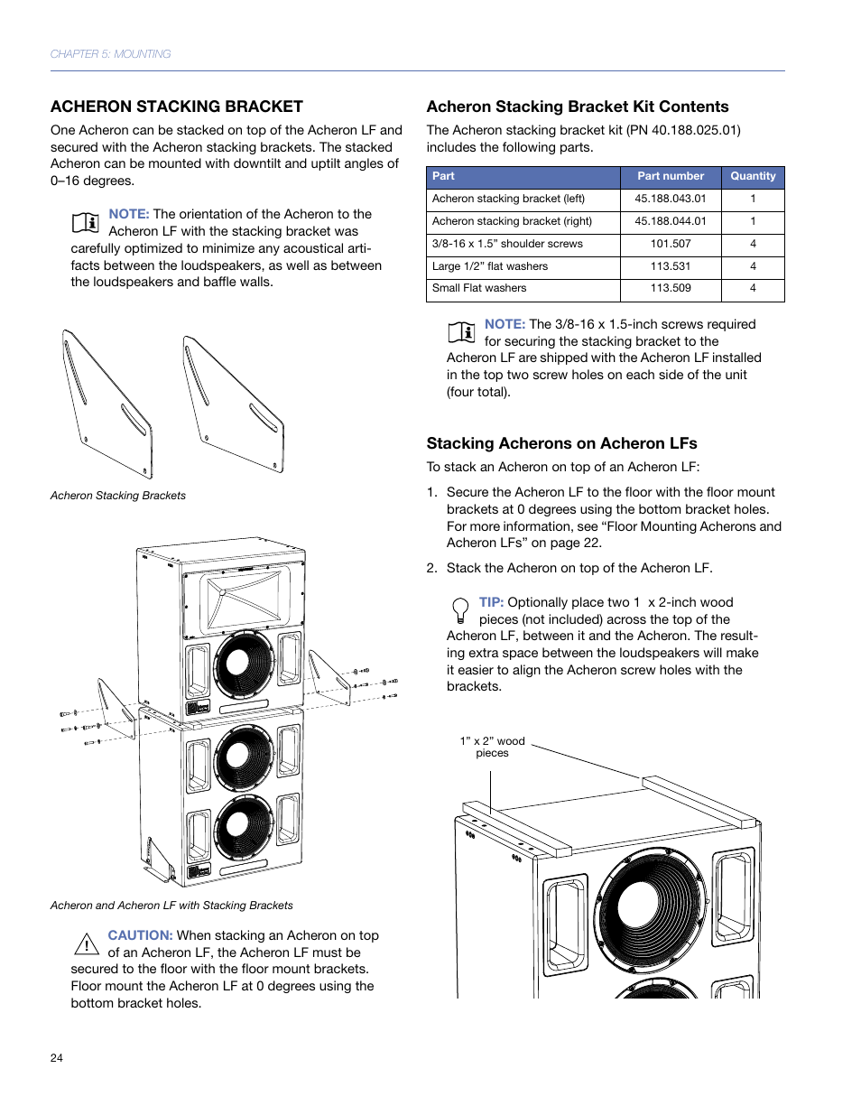 Acheron stacking bracket, Acheron stacking bracket kit contents, Stacking acherons on acheron lfs | Meyer Sound 80 User Manual | Page 24 / 44