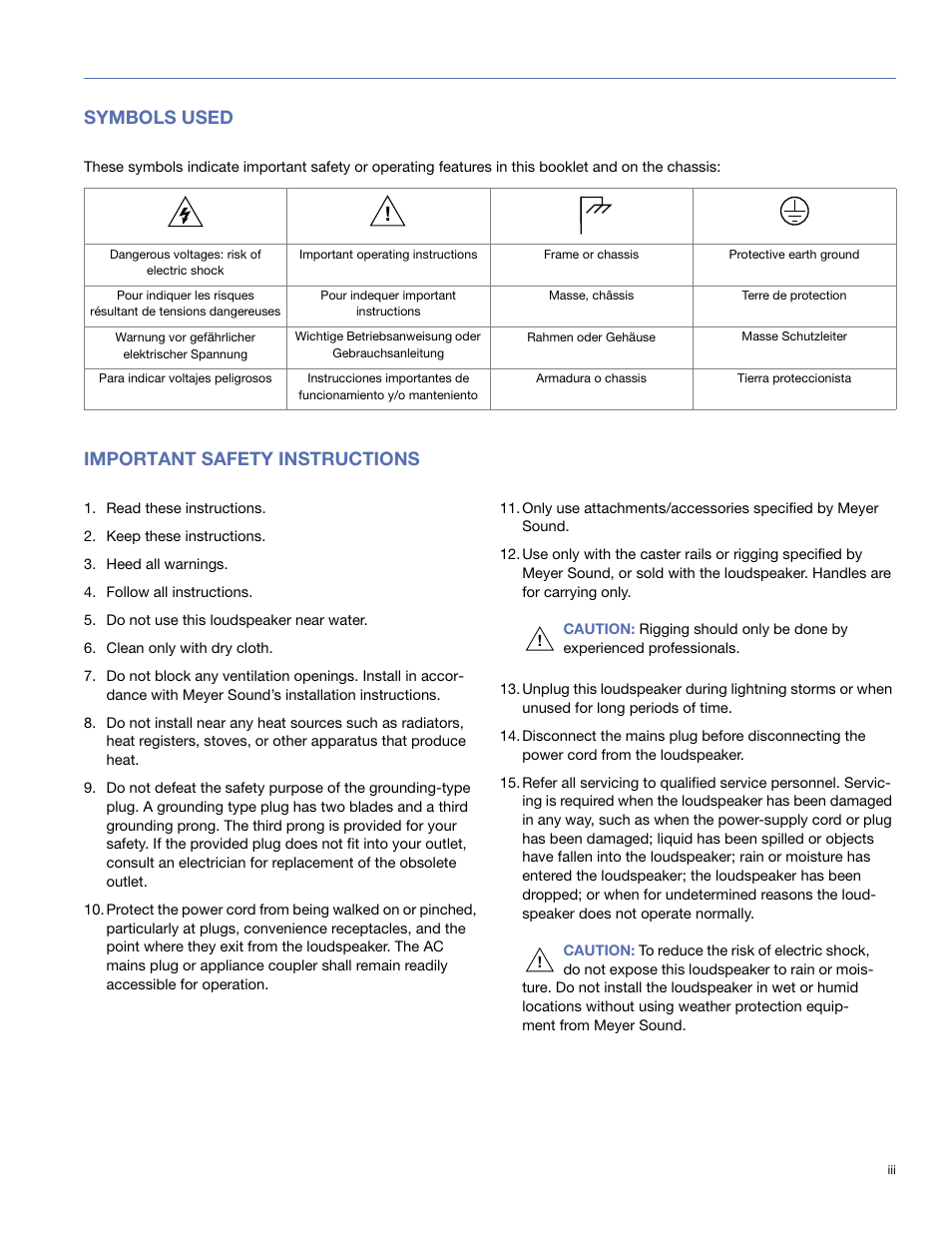 Symbols used, Important safety instructions | Meyer Sound 80 User Manual | Page 3 / 44