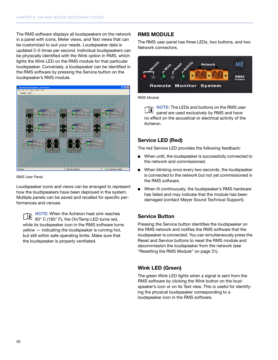 Rms module, Service led (red), Service button | Wink led (green) | Meyer Sound 80 User Manual | Page 30 / 44