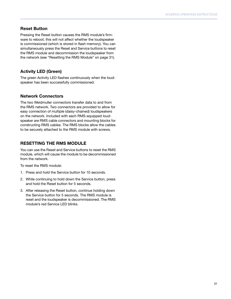 Reset button, Activity led (green), Network connectors | Resetting the rms module | Meyer Sound 80 User Manual | Page 31 / 44