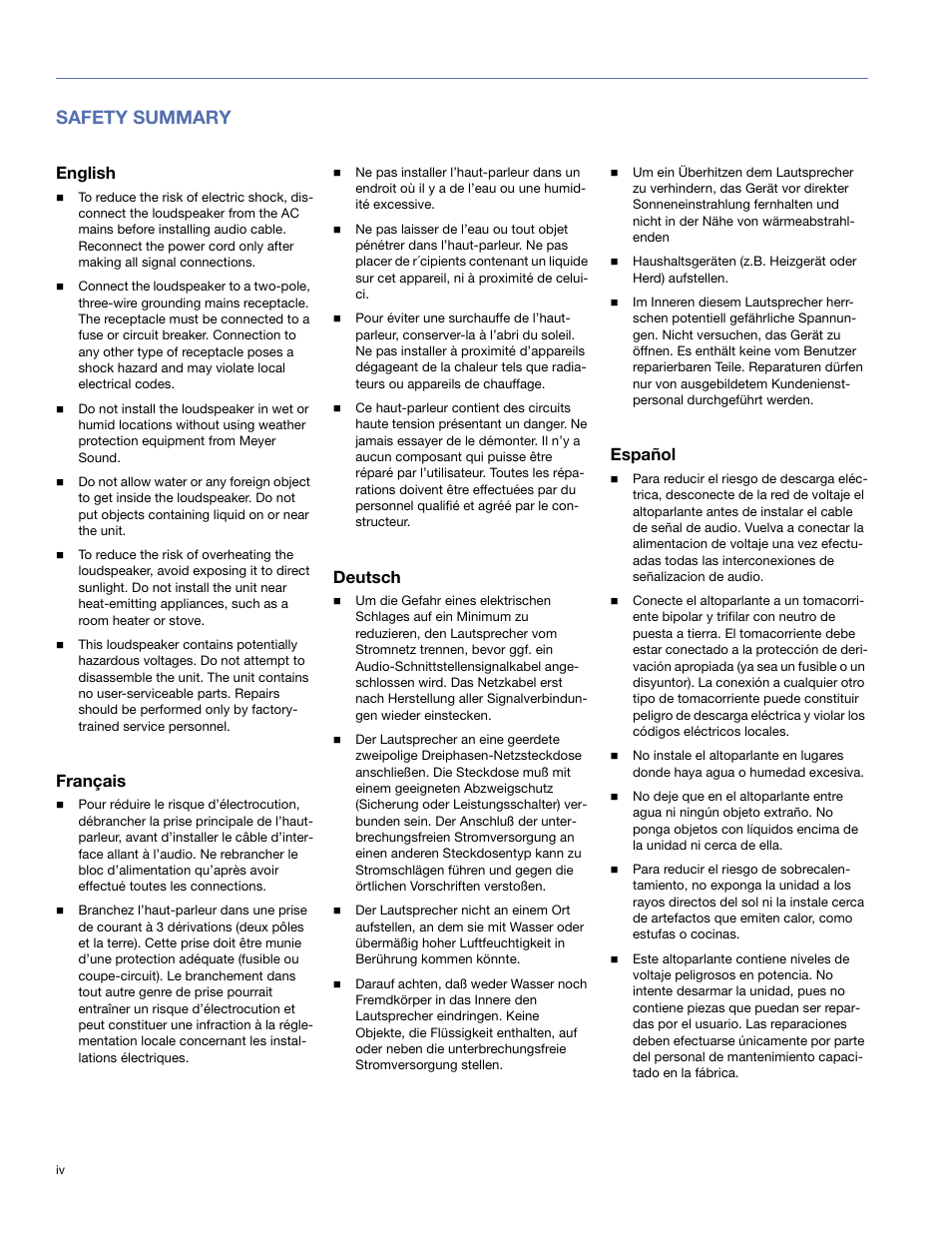 Safety summary, English, Français | Deutsch, Español | Meyer Sound 80 User Manual | Page 4 / 44