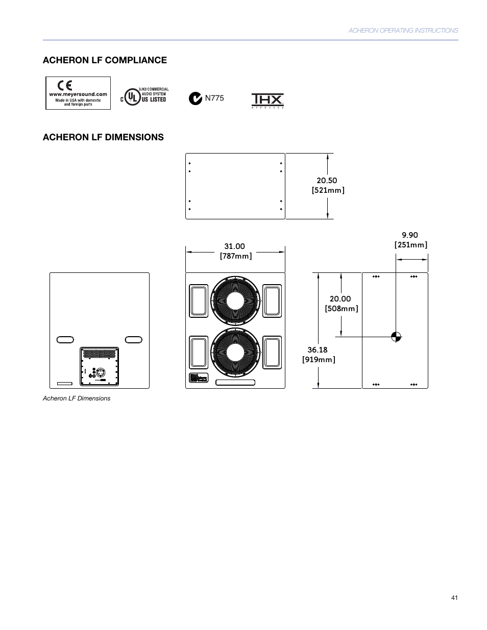 Acheron lf compliance, Acheron lf dimensions | Meyer Sound 80 User Manual | Page 41 / 44