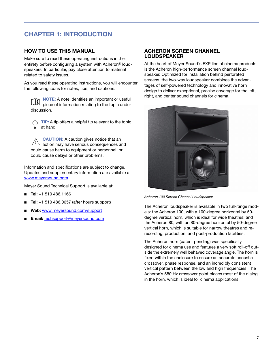 Chapter 1: introduction, How to use this manual, Acheron screen channel loudspeaker | Meyer Sound 80 User Manual | Page 7 / 44