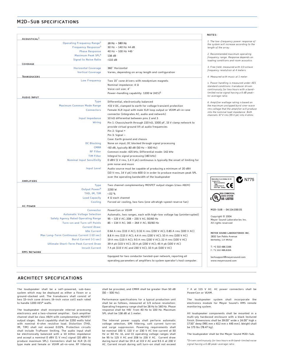 M2d-sub specifications, Architect specifications | Meyer Sound M2D-SUB User Manual | Page 2 / 2