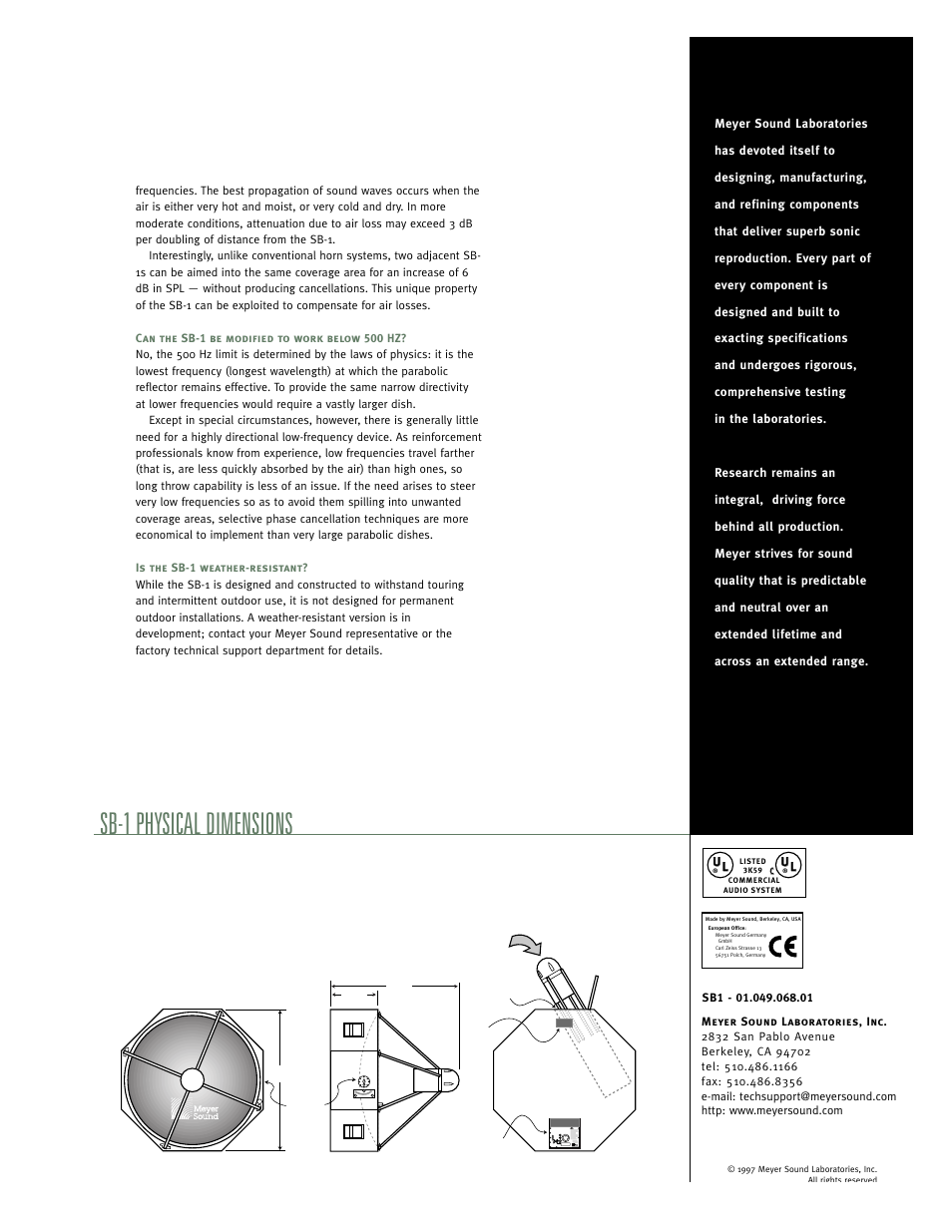 Sb-1 physical dimensions | Meyer Sound PARABOLIC SOUND BEAM SB-1 User Manual | Page 4 / 4