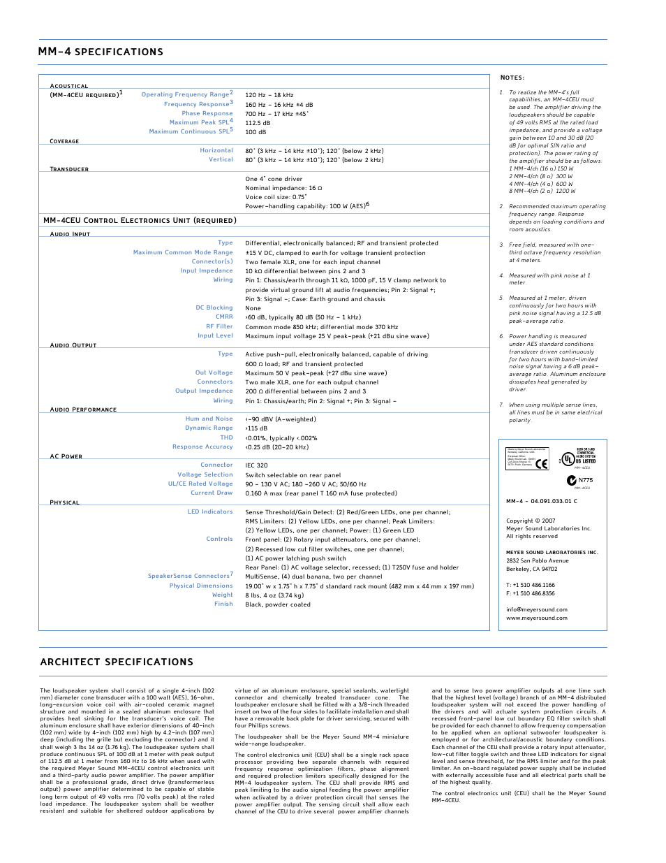 Mm-4 specifications, Architect specifications | Meyer Sound MM-4 User Manual | Page 2 / 2