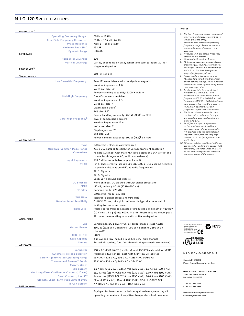 Milo 120 specifications | Meyer Sound MILO 120 User Manual | Page 4 / 4