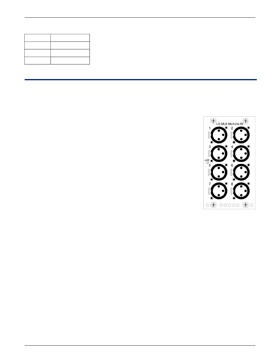 Component specifications, Lx-ml8 mic/line analog audio input, Channels | Frequency response, Sampling, Dynamic range, Thd+n, Crosstalk, Cmrr, Input load impedance | Meyer Sound Matrix3 LX-300 User Manual | Page 27 / 48