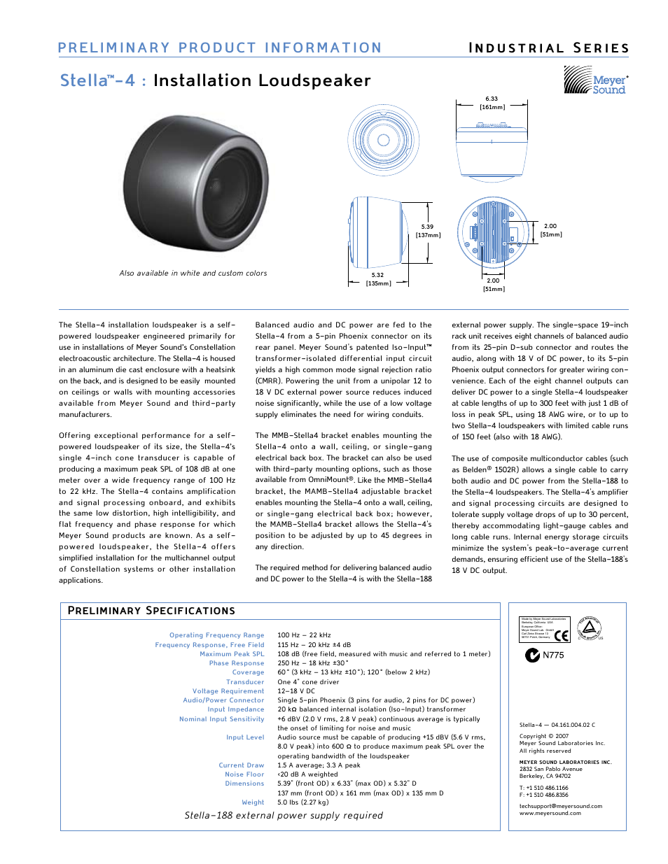 Meyer Sound Stella-4 User Manual | 1 page