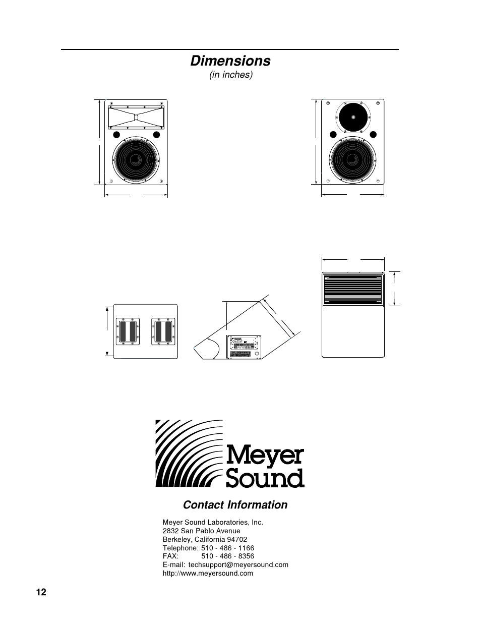 Dimensions, Contact information, Um-100p front | Um-p back um-1p front, Um-p top, Um-p side | Meyer Sound Self-Powered Loudspeakers UM-1P User Manual | Page 12 / 12