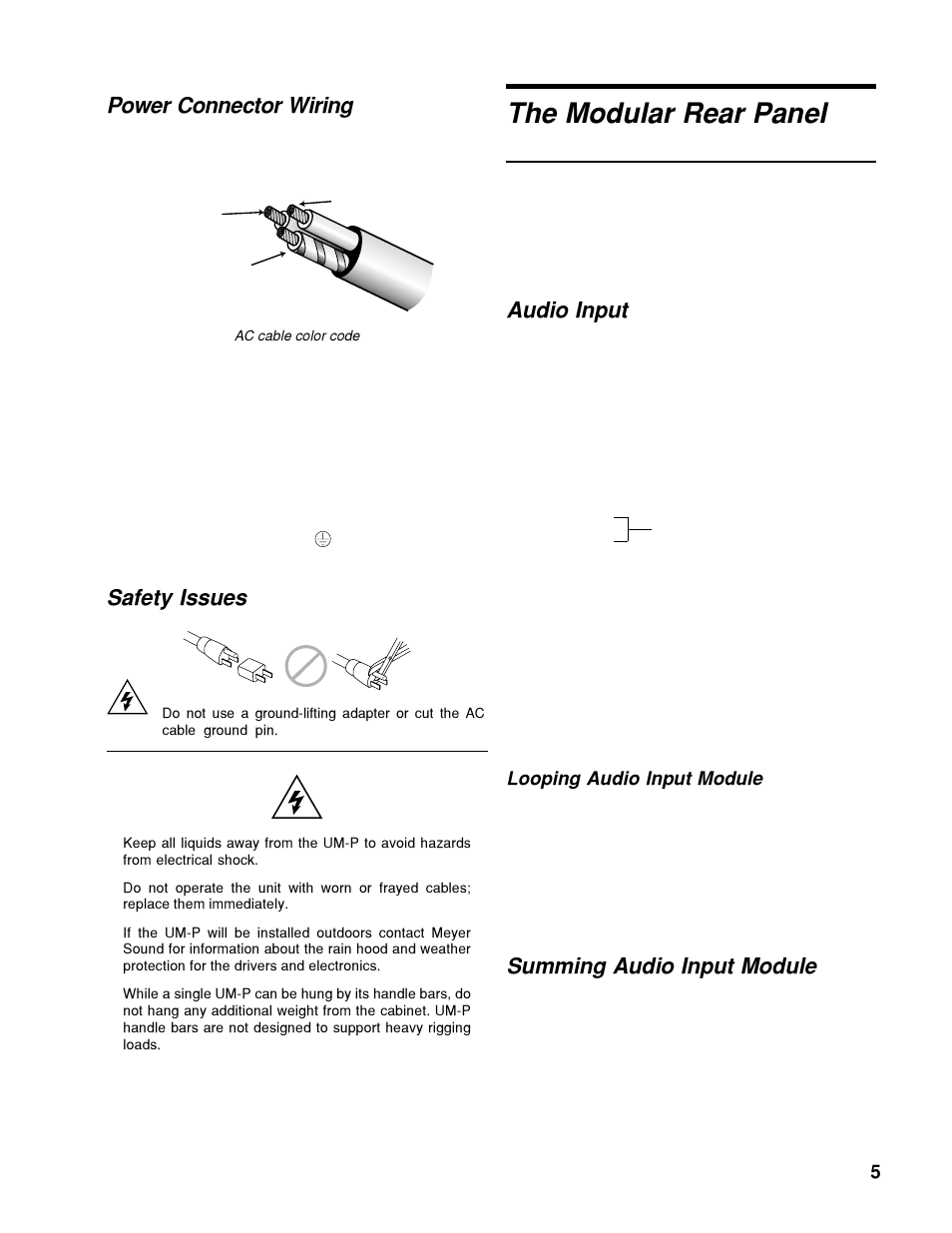 The modular rear panel, Power connector wiring, Safety issues | Audio input, Summing audio input module | Meyer Sound Self-Powered Loudspeakers UM-1P User Manual | Page 5 / 12