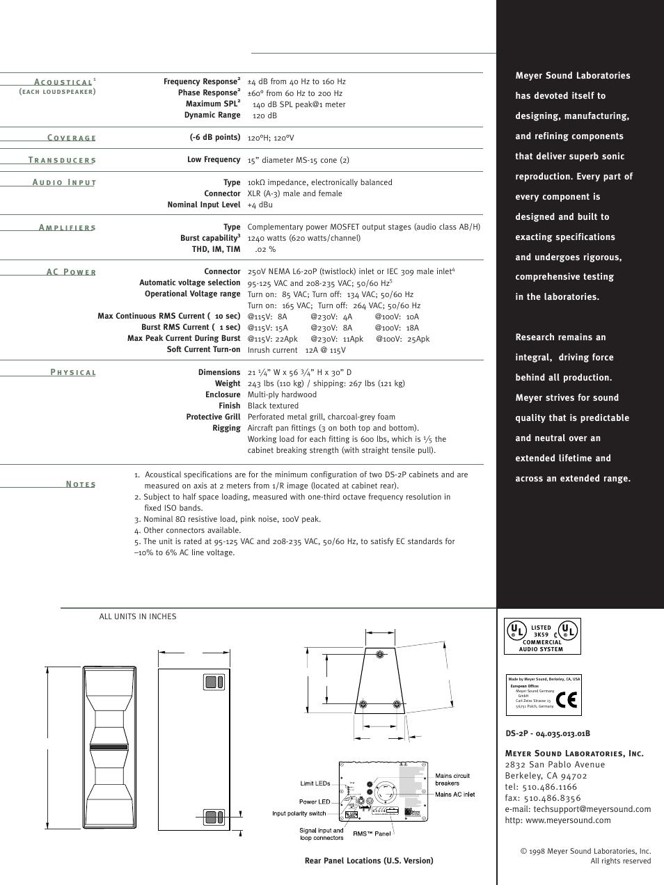 Physical dimensions ds-2p specifications | Meyer Sound DS-2P User Manual | Page 2 / 2