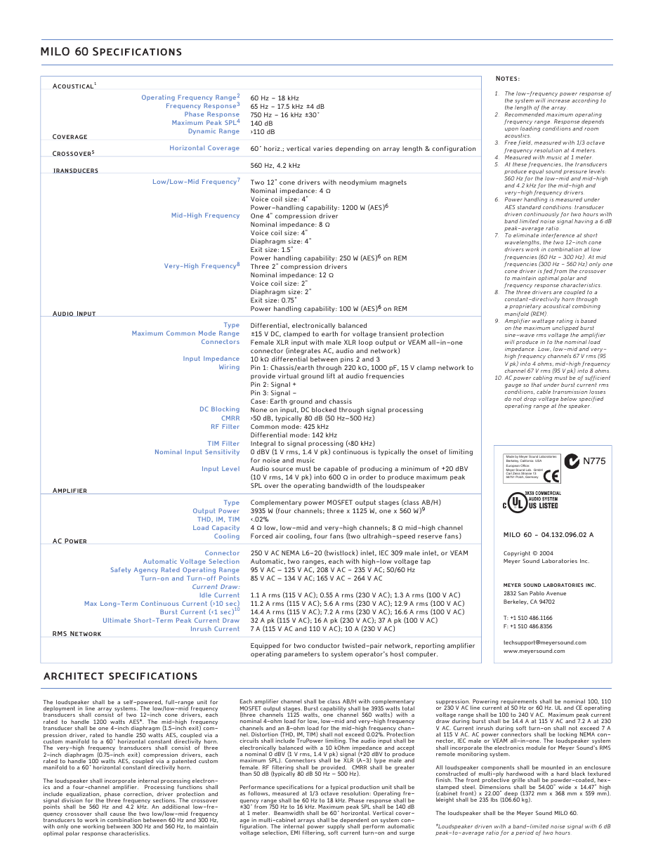 Milo 60 specifications, Architect specifications | Meyer Sound MILO 60 User Manual | Page 2 / 2