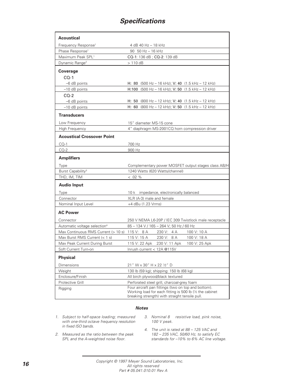 Specifications | Meyer Sound CQ-2 User Manual | Page 16 / 16