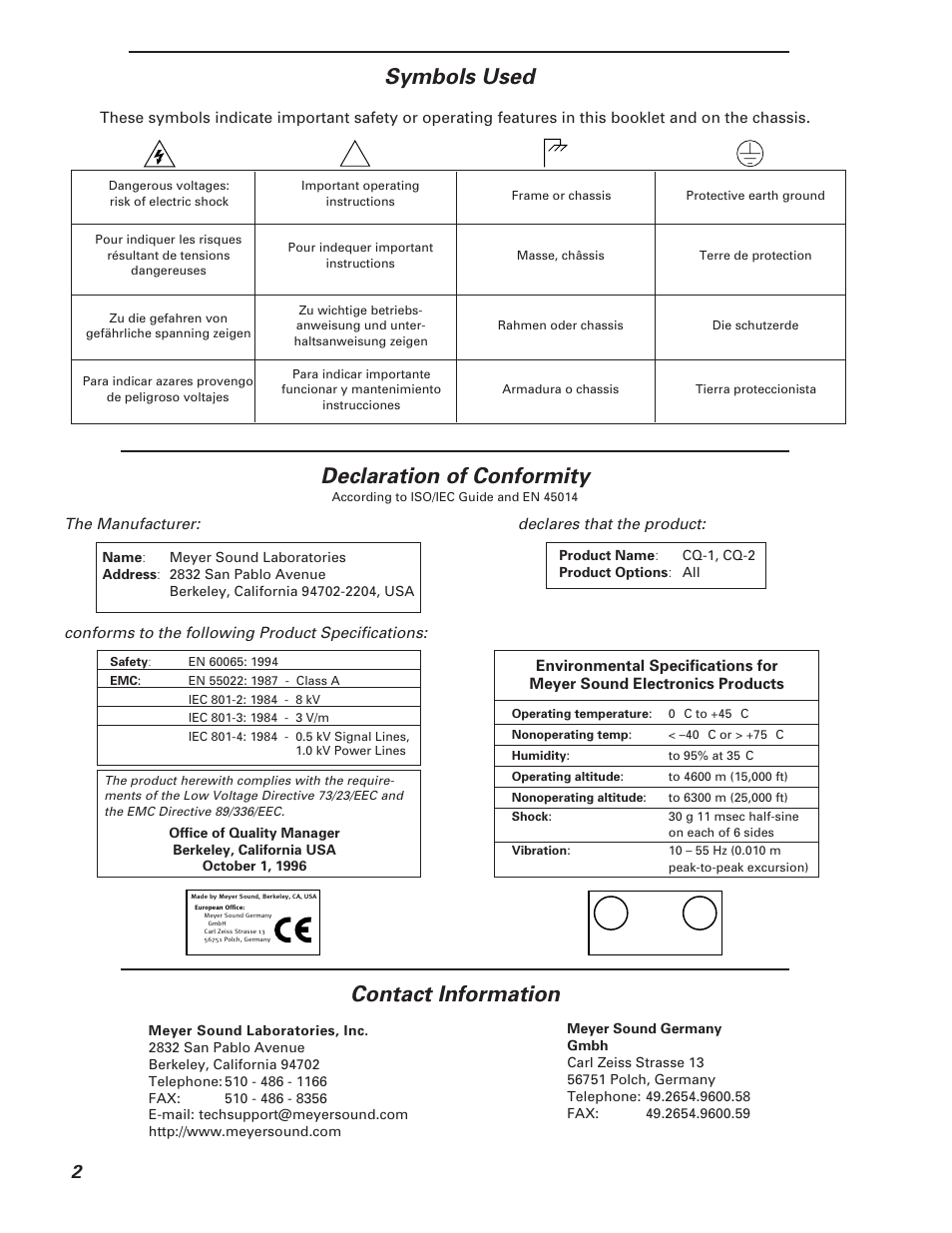 Symbols used, Declaration of conformity contact information | Meyer Sound CQ-2 User Manual | Page 2 / 16