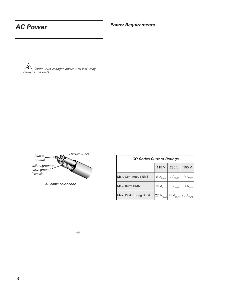 Ac power, Power requirements | Meyer Sound CQ-2 User Manual | Page 4 / 16