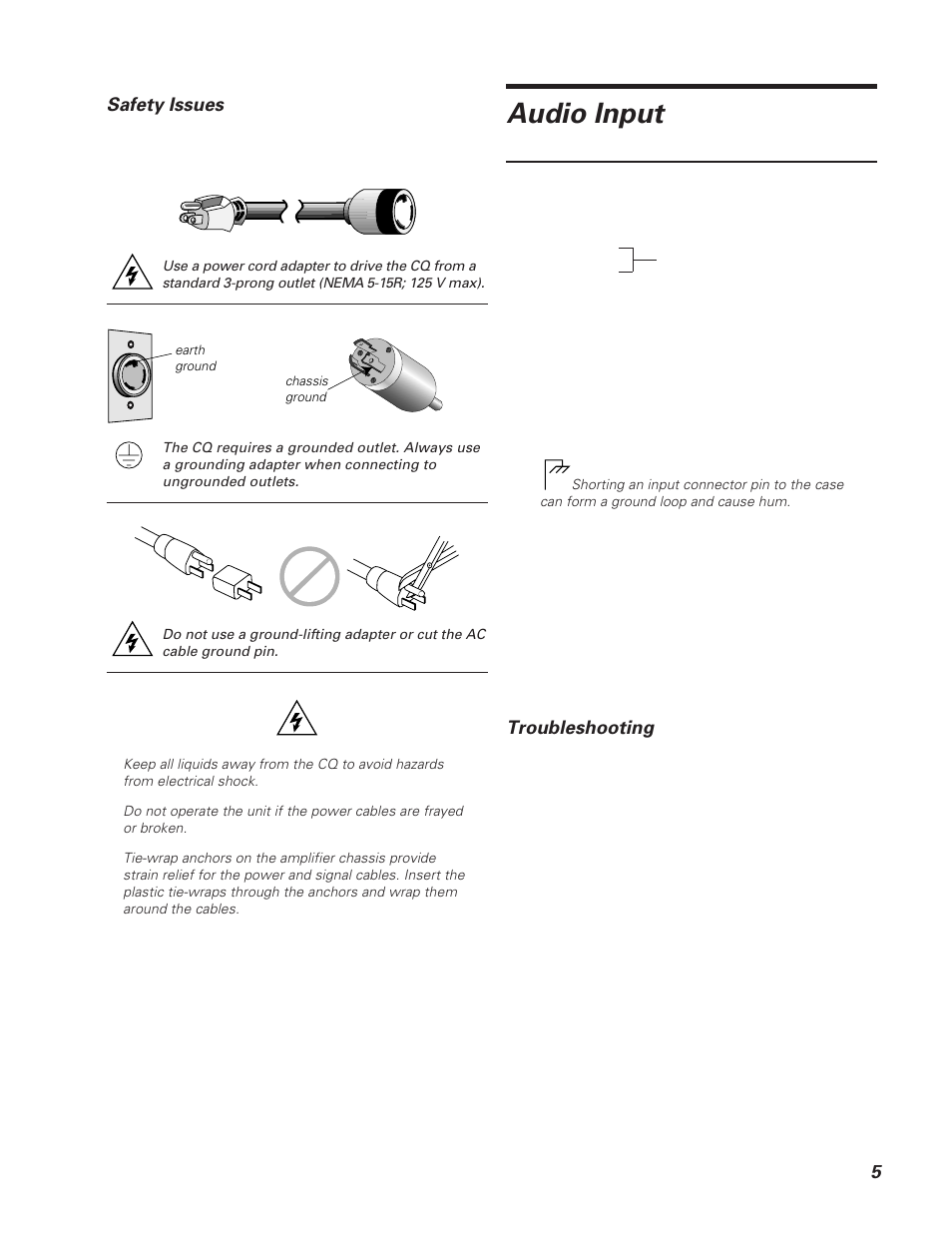 Audio input, 5safety issues, Troubleshooting | Meyer Sound CQ-2 User Manual | Page 5 / 16