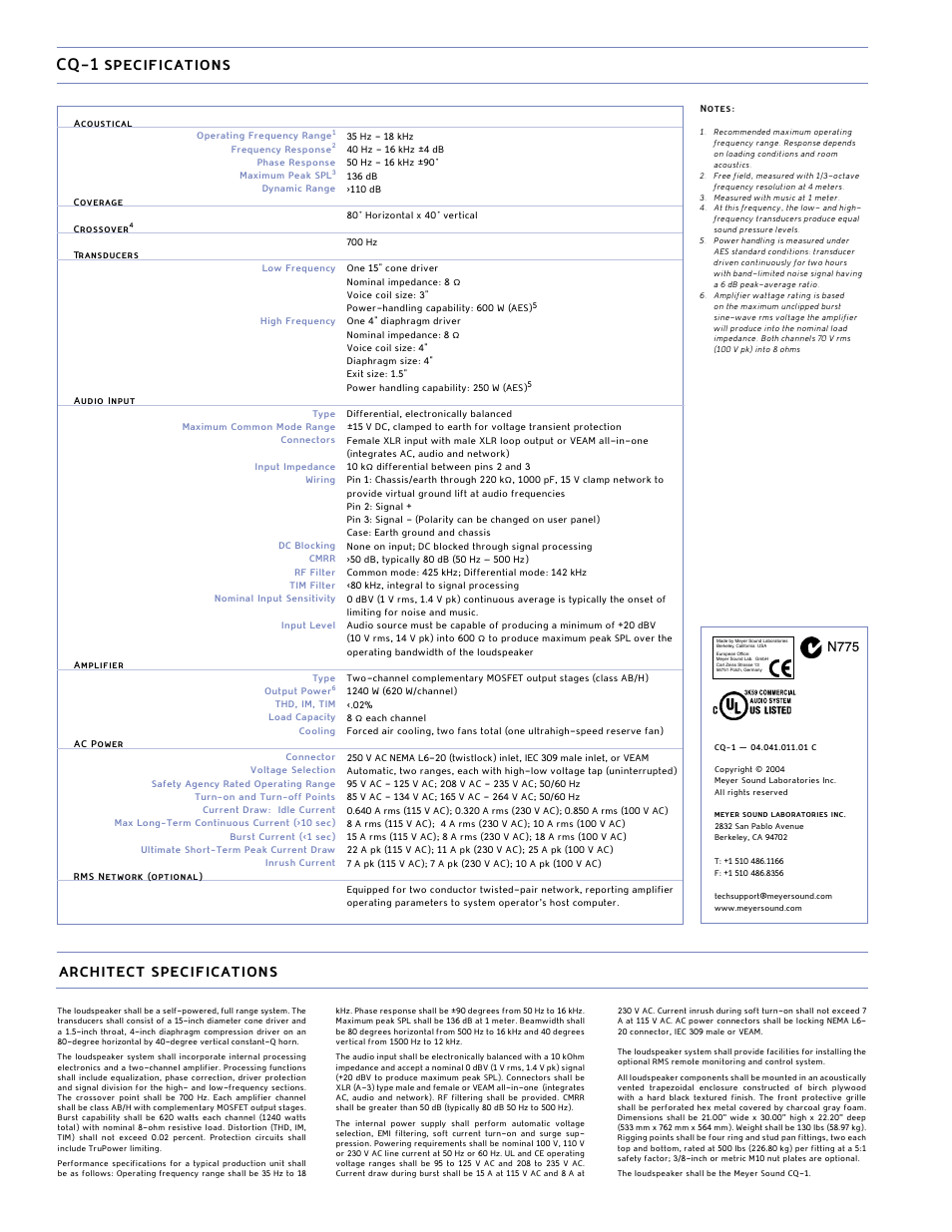 Cq-1 specifications architect specifications | Meyer Sound CQ-1 User Manual | Page 2 / 2