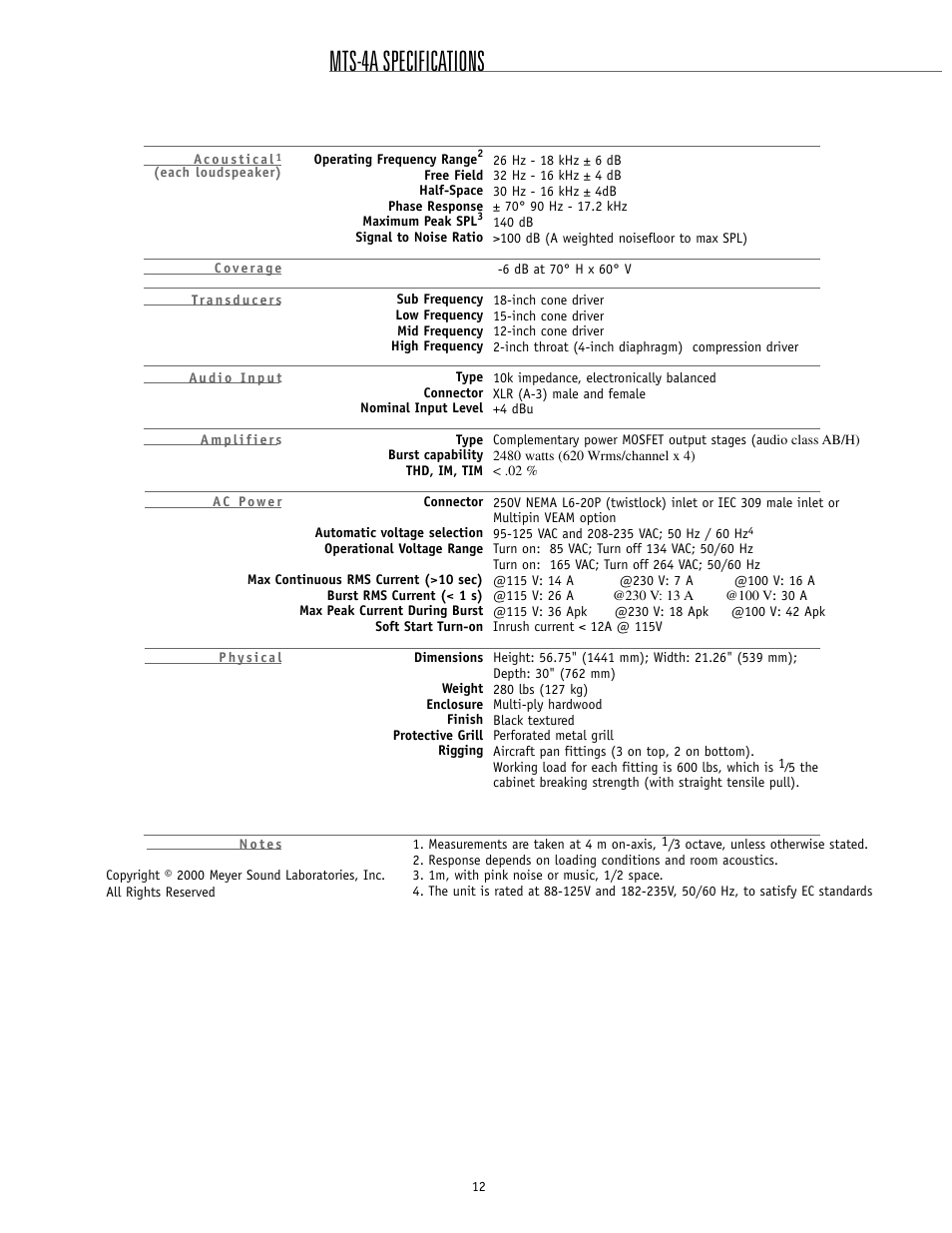 Mt s-4a specifications | Meyer Sound MTS-4A User Manual | Page 12 / 14