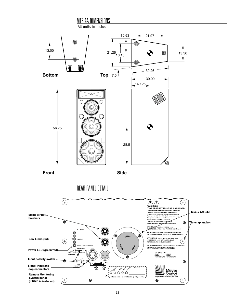 Rear panel detail, Mts-4a dimensions | Meyer Sound MTS-4A User Manual | Page 13 / 14