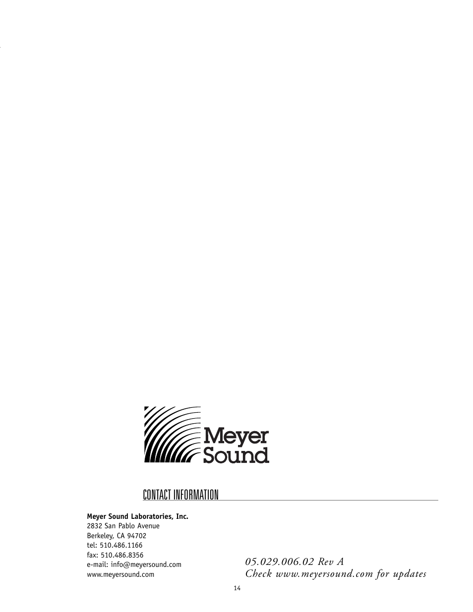 Contact information | Meyer Sound MTS-4A User Manual | Page 14 / 14