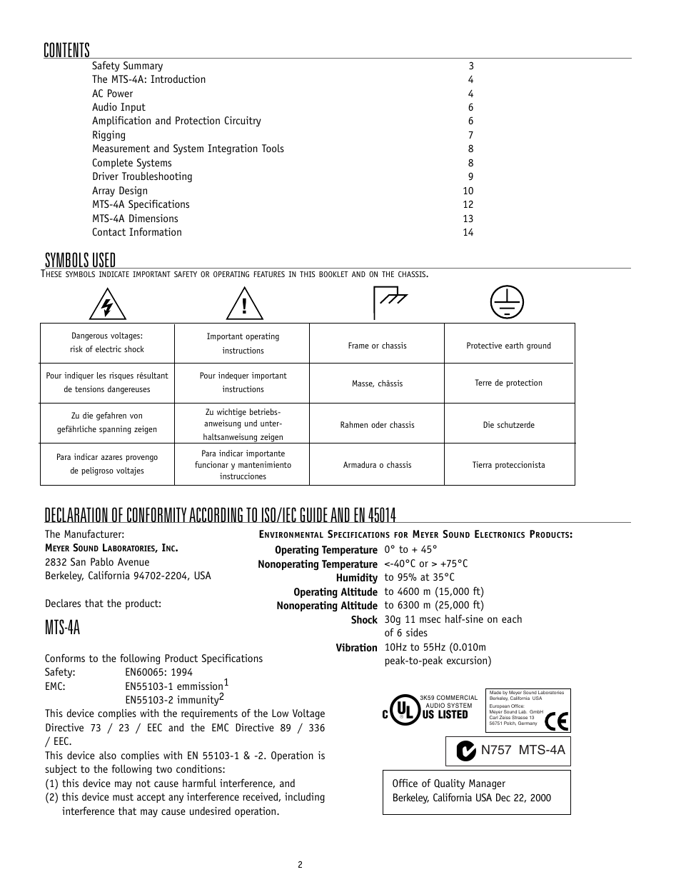 Mts-4a, Symbols used | Meyer Sound MTS-4A User Manual | Page 2 / 14