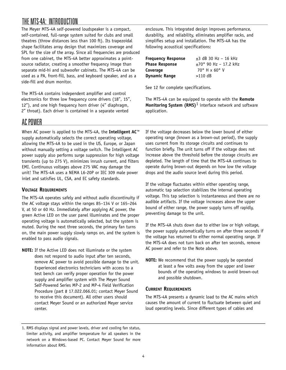 The mts-4a: introduction, Ac power | Meyer Sound MTS-4A User Manual | Page 4 / 14