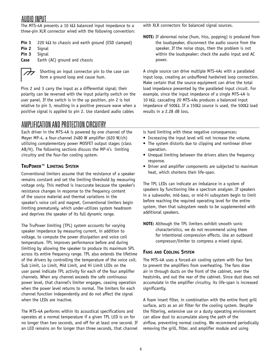 Audio input amplification and protection circuitry | Meyer Sound MTS-4A User Manual | Page 6 / 14