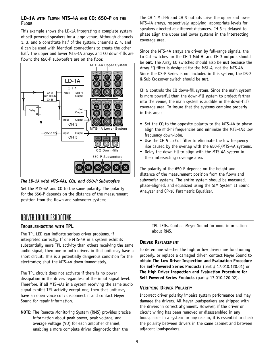 Driver troubleshooting, Ld-1a, Mts-4a | Cq; 650-p | Meyer Sound MTS-4A User Manual | Page 9 / 14
