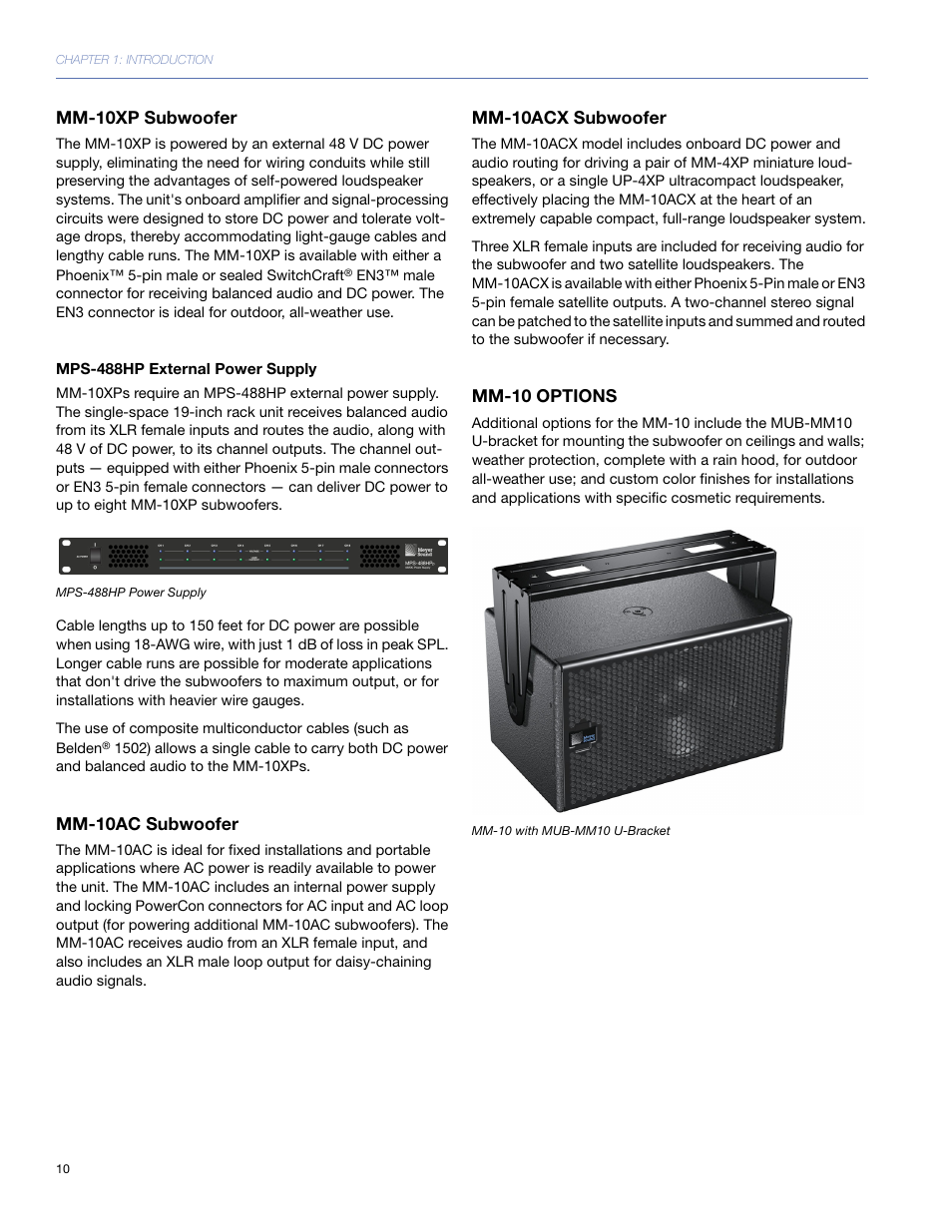Mm-10xp subwoofer, Mps-488hp external power supply, Mm-10ac subwoofer | Mm-10acx subwoofer, Mm-10 options | Meyer Sound MM-10 User Manual | Page 10 / 56