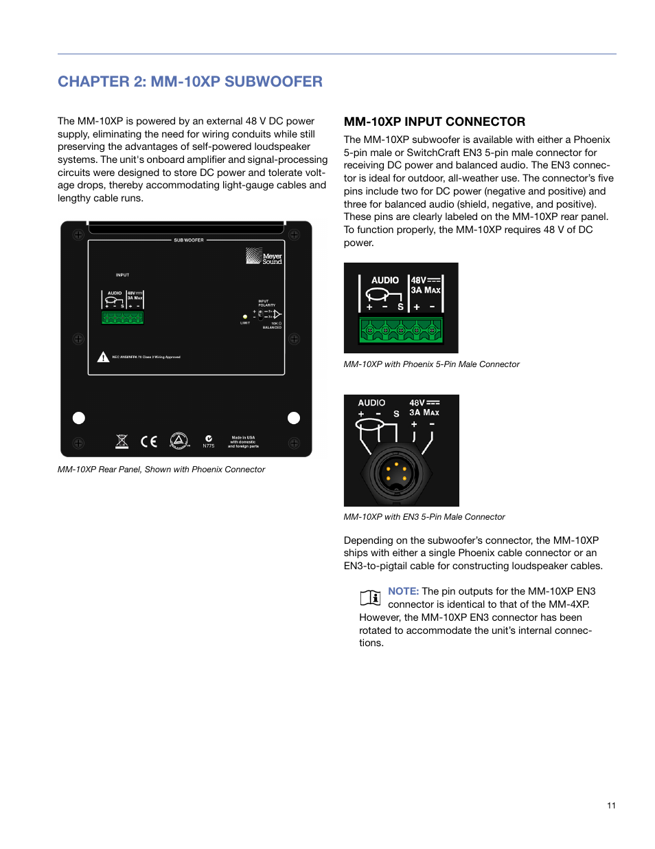 Chapter 2: mm-10xp subwoofer, Mm-10xp input connector | Meyer Sound MM-10 User Manual | Page 11 / 56