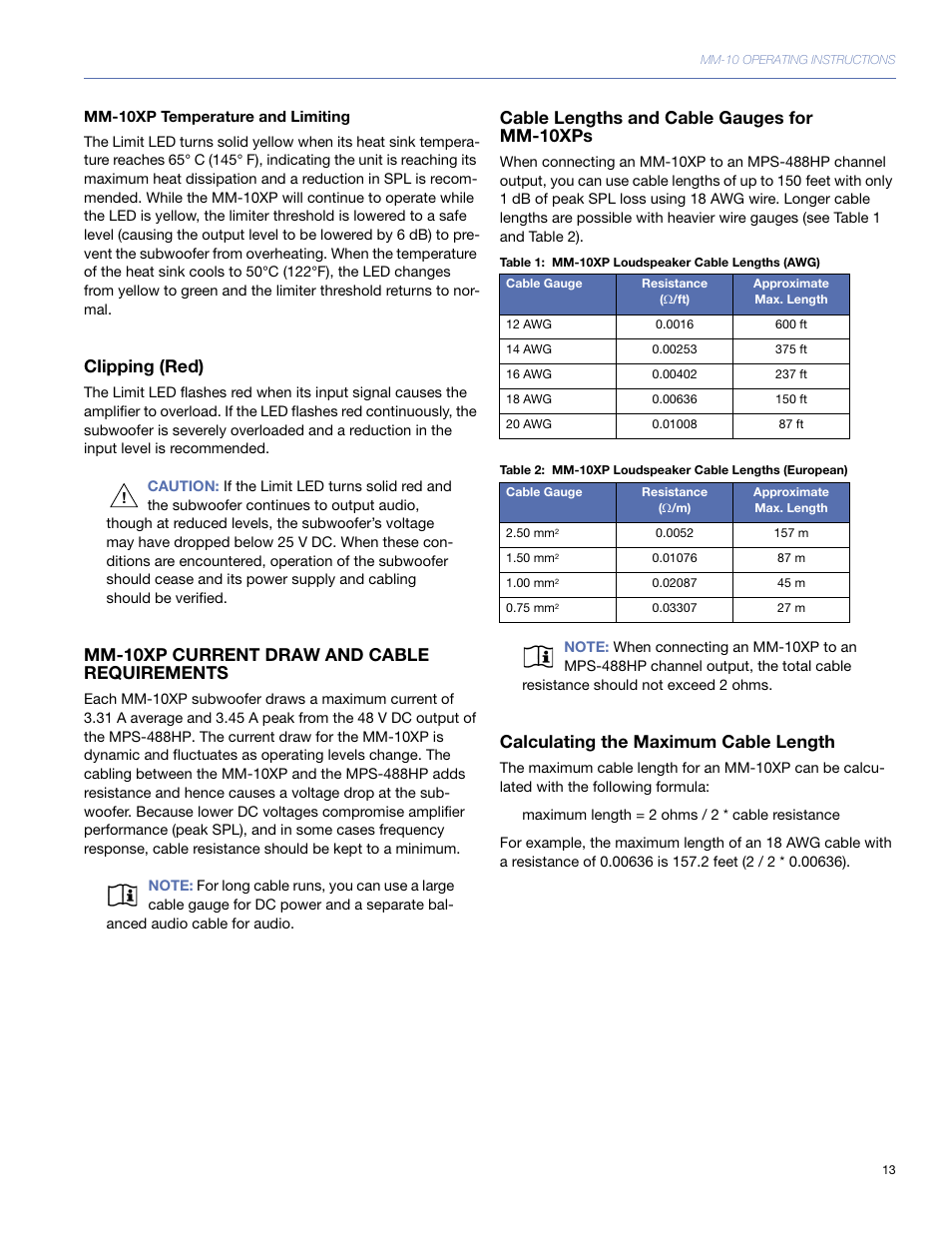 Mm-10xp temperature and limiting, Clipping (red), Mm-10xp current draw and cable requirements | Cable lengths and cable gauges for mm-10xps, Calculating the maximum cable length | Meyer Sound MM-10 User Manual | Page 13 / 56