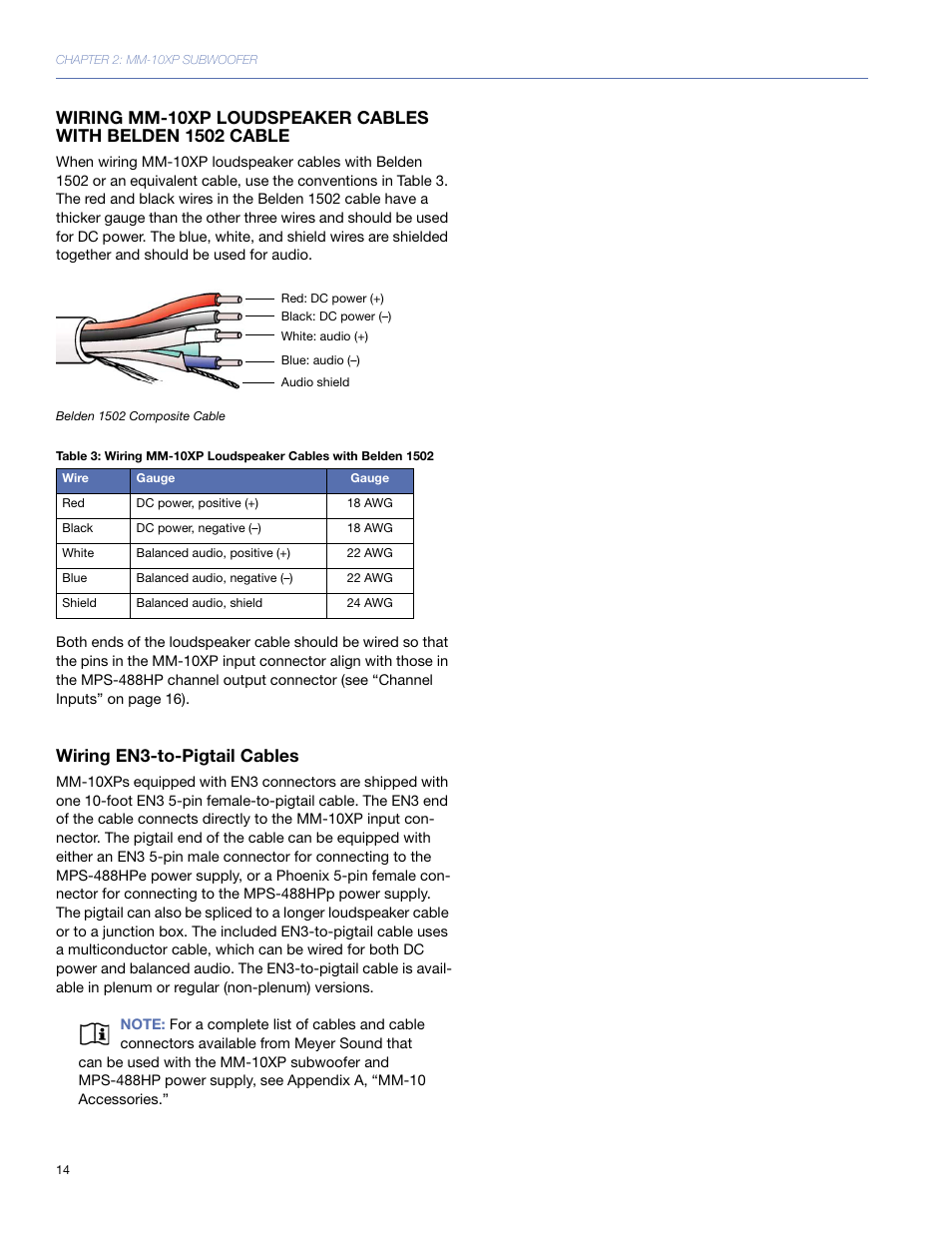 Wiring en3-to-pigtail cables | Meyer Sound MM-10 User Manual | Page 14 / 56
