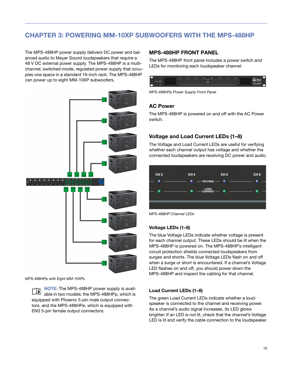 Mps-488hp front panel, Ac power, Voltage and load current leds (1–8) | Voltage leds (1–8), Load current leds (1–8) | Meyer Sound MM-10 User Manual | Page 15 / 56